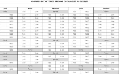 ATTENTION MODIFICATION HORAIRES DES DECHETERIES du 30 JUIN au 31 AOUT 2025 : 7H/13H.
